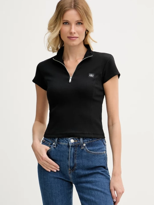 Zdjęcie produktu Calvin Klein Jeans crop top damski bawełniany z elastanem czarny