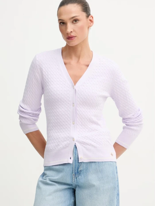 Zdjęcie produktu Calvin Klein Jeans kardigan damski z bawełną fioletowy