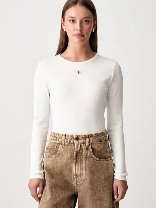 Zdjęcie produktu Calvin Klein Jeans longsleeve damski bawełniany z elastanem beżowy