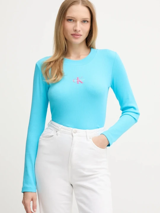 Zdjęcie produktu Calvin Klein Jeans longsleeve damski bawełniany z elastanem turkusowy