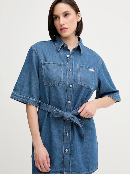 Zdjęcie produktu Calvin Klein Jeans sukienka z domieszką lnu niebieski