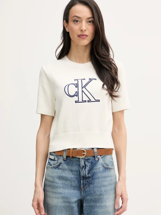 Zdjęcie produktu Calvin Klein Jeans T-shirt swetrowy damski bawełniany beżowy