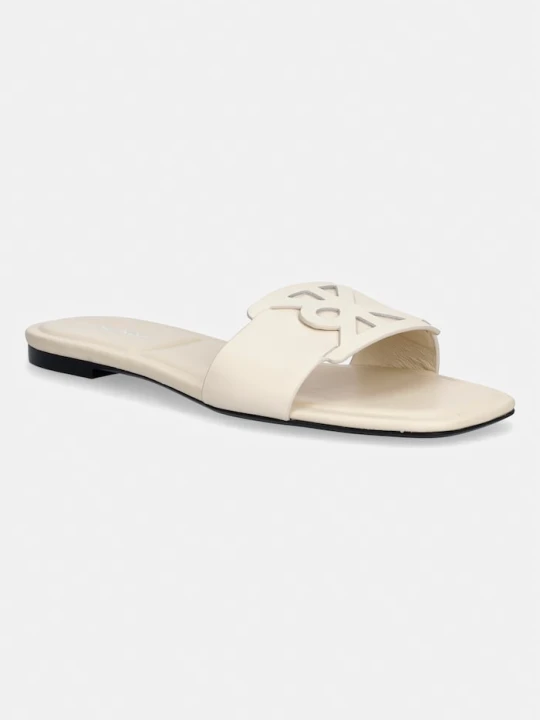 Zdjęcie produktu Calvin Klein klapki damskie skórzane SQUARE FLAT SANDAL EMBLEM beżowy