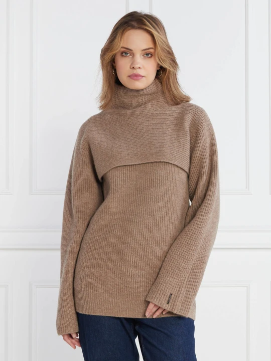 Zdjęcie produktu Calvin Klein Wełniany golf RECYCLED OVERLAY SWEATER | Regular Fit brązowy