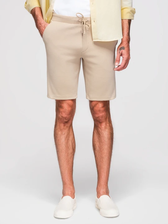 Zdjęcie produktu Casualowe szorty męskie SLIM FIT z dzianiny żakardowej – beżowe V2 - Rozmiar: XL Ombre Clothing