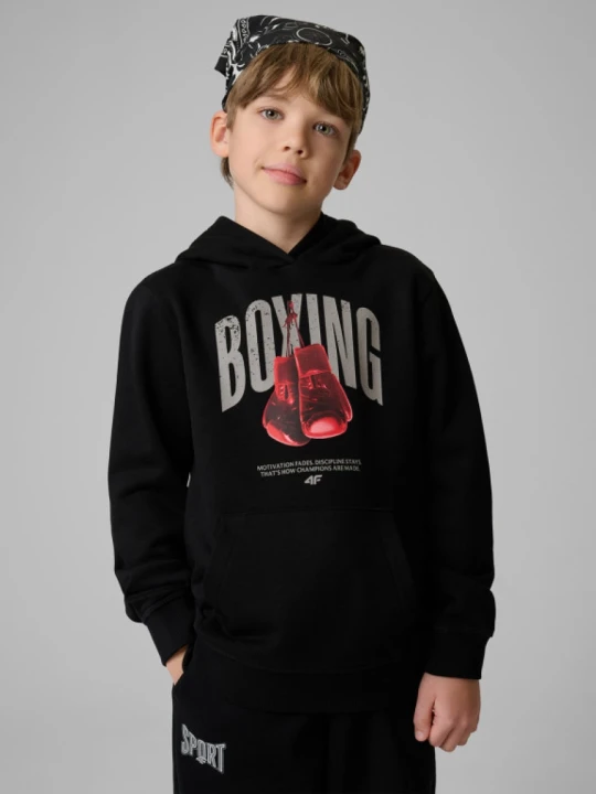 Zdjęcie produktu Chłopięca bluza dresowa nierozpinana z kapturem 4F 4FJRSS26TSWSM2904 - czarna
