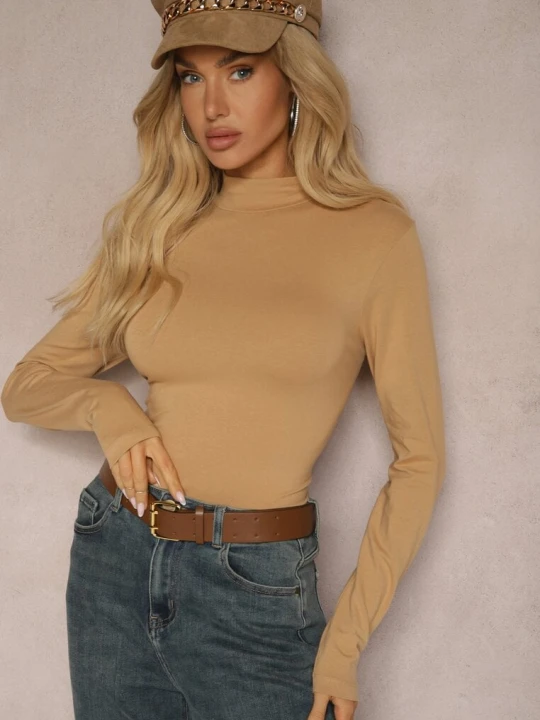 Zdjęcie produktu Ciemnobeżowa Bawełniana Bluzka Typu Longsleeve z Półgolfem Riata Glo-story Beżowy