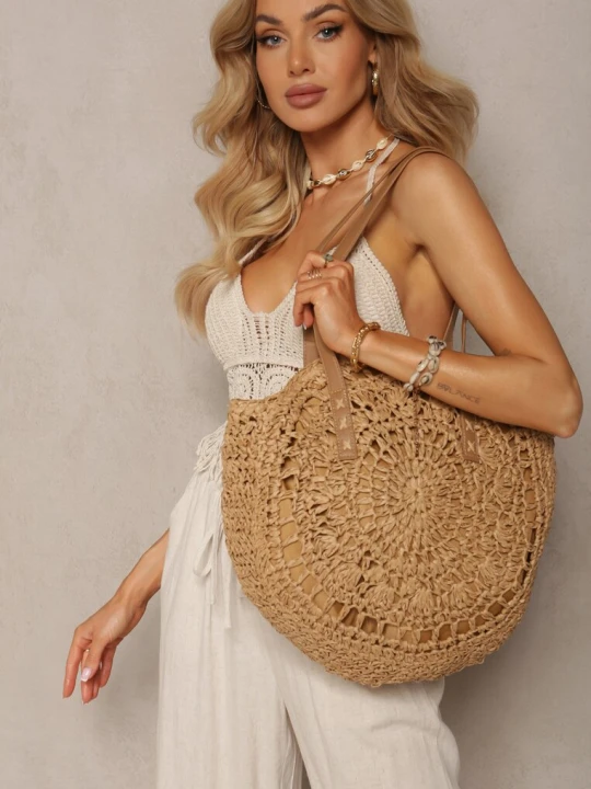 Zdjęcie produktu Ciemnobeżowa Boho Torebka z Plecionki z Dwoma Uchwytami Zapinana na Suwak Saiph Beżowy
