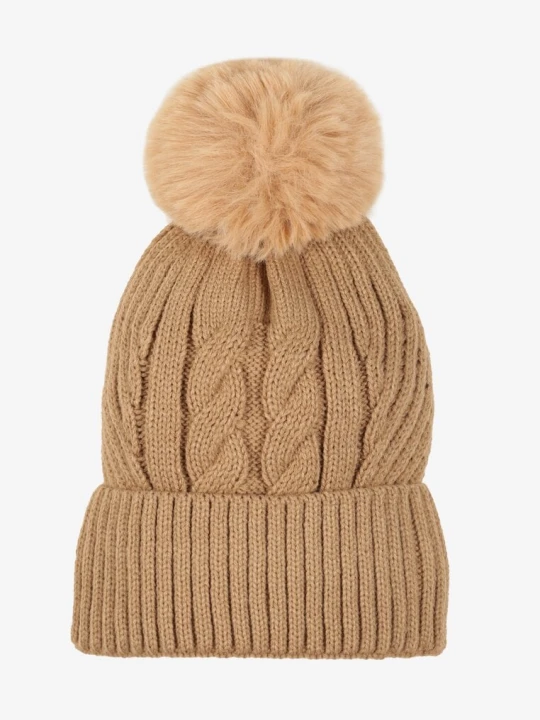Zdjęcie produktu Ciemnobeżowa Czapka Typu Beanie Zdobiona Pomponem i Warkoczowym Splotem Ocieplana Futrem Zenedi Beżowy