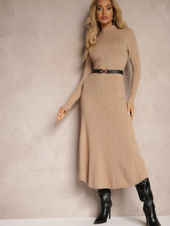Zdjęcie produktu Ciemnobeżowa Dzianinowa Sukienka z Eleganckim Paskiem i Dodatkiem Wełny Nirillia Unigirl Beżowy