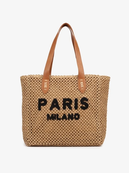 Zdjęcie produktu Ciemnobeżowa Pleciona Torebka Shopper Ozdobiona Napisem Navinta Paris Milano Beżowy