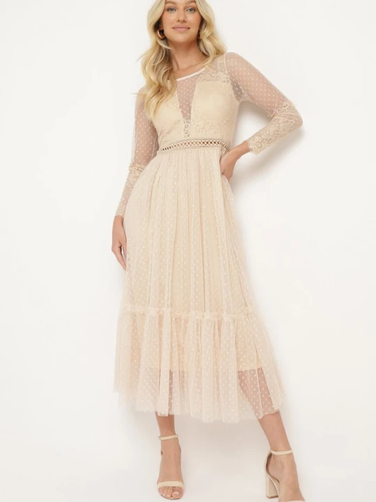 Zdjęcie produktu Ciemnobeżowa Sukienka Maxi o Rozkloszowanym Fasonie z Ozdobną Koronką i Tiulem Steilla Elsa.m By May Beżowy