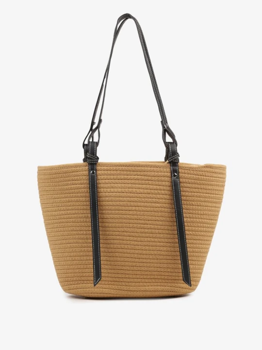 Zdjęcie produktu Ciemnobeżowa Szydełkowa Torebka Typu Shopper z Bawełny Mevonna Caely Beżowy