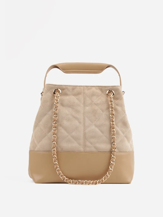 Zdjęcie produktu Ciemnobeżowa Torebka Bucket Bag z Przeszyciami w Romby z Rączką i Uchwytami z Łańcuszkiem Denidora Caely Beżowy