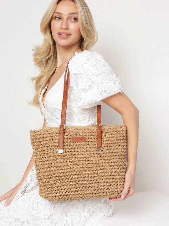 Zdjęcie produktu Ciemnobeżowa Torebka Shopper z Plecionki z Rączkami z Ekoskóry Buxara Beżowy