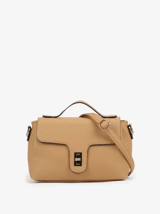 Zdjęcie produktu Ciemnobeżowa Torebka Typu Listonoszka z Ozdobną Złotą Klapą Monavia Fashion&bags Beżowy