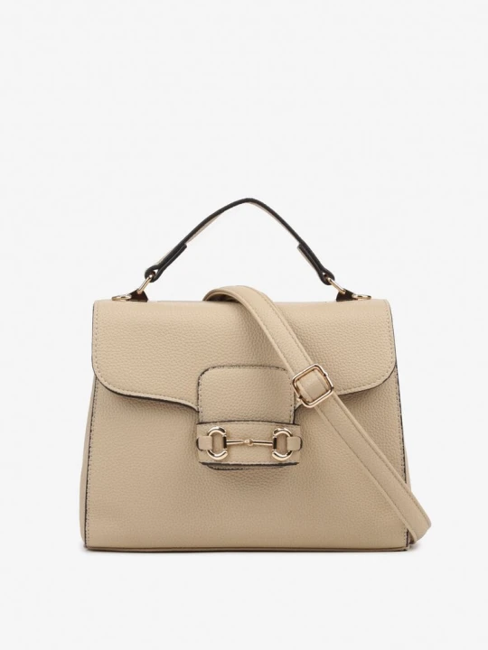 Zdjęcie produktu Ciemnobeżowa Torebka Typu Listonoszka z Rączką i Klapą z Aplikacją Alatiela Fashion&bags Beżowy