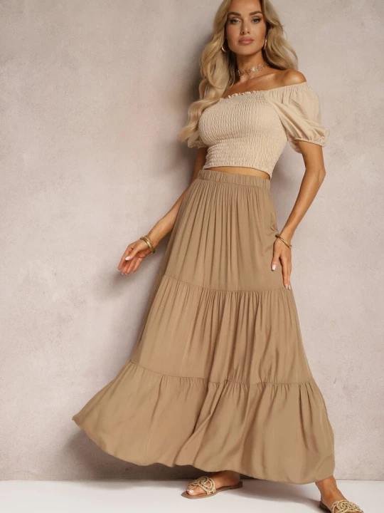 Zdjęcie produktu Ciemnobeżowa Wiskozowa Spódnica High Waist z Gumką w Talii i Falbanką Christiara Bludeise Beżowy