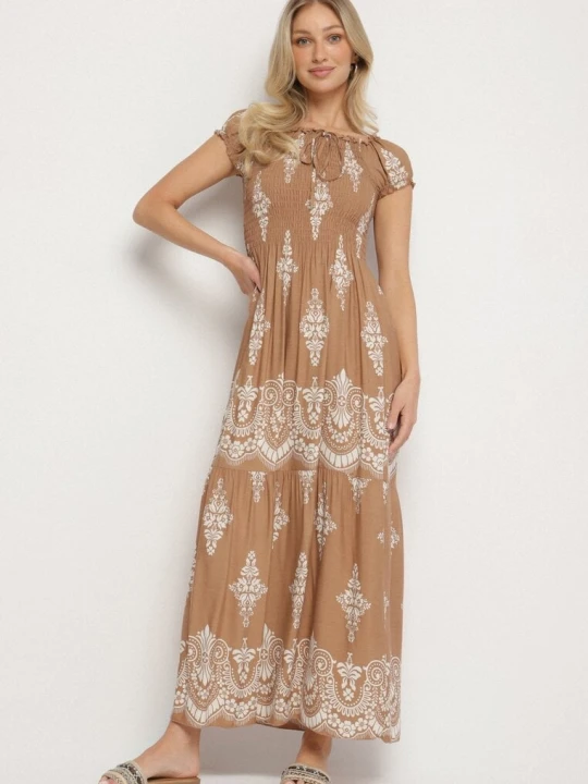 Zdjęcie produktu Ciemnobeżowa Wiskozowa Sukienka z Marszczoną Góra i Wzorem Boho Ellifae J&x Beżowy
