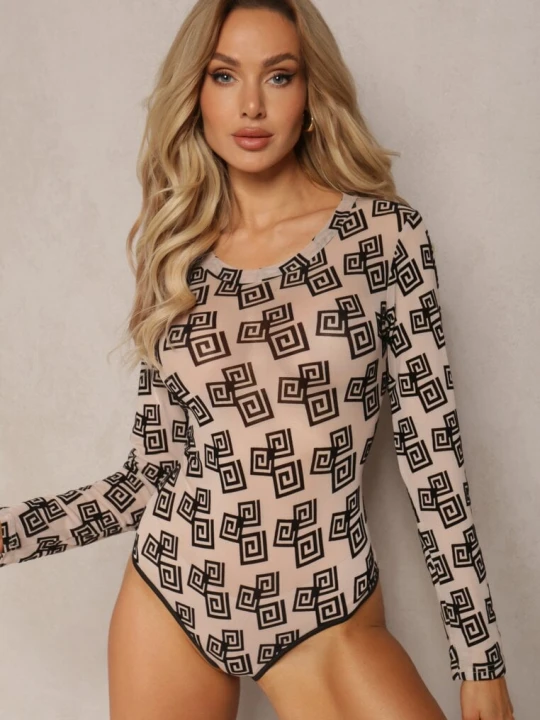 Zdjęcie produktu Ciemnobeżowe Body z Siateczki w Geometryczny Print Loreali Wei Wei Beżowy
