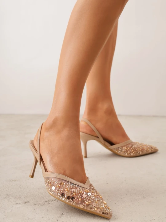 Zdjęcie produktu Ciemnobeżowe Cekinowe Czółenka VICES Slingback na Szpilce z Noskiem w Szpic Ozdobione Perłami i Koralikami Kleomene Beżowy