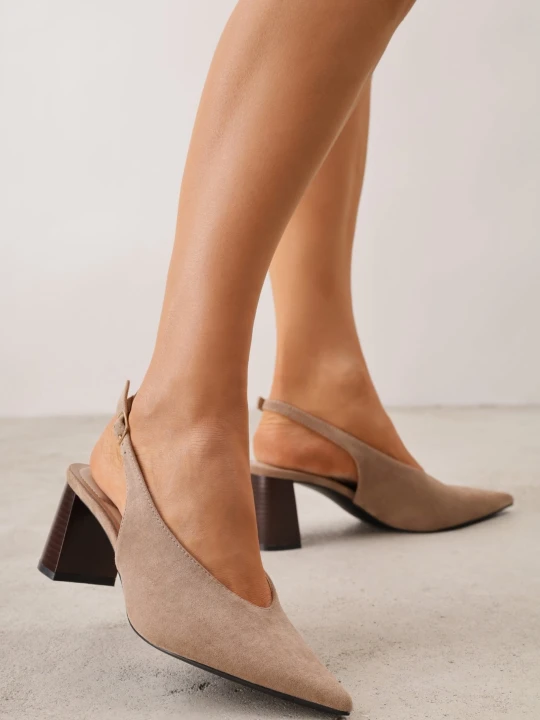 Zdjęcie produktu Ciemnobeżowe Czółenka Slingback o Fakturze Zamszu na Słupkowym Obcasie Facena Joalice Paris Beżowy