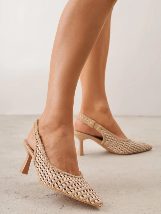 Zdjęcie produktu Ciemnobeżowe Plecione Czółenka Slingback na Szpilce z Ażurową Cholewką Hibiscae Marquiiz Beżowy