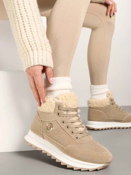 Zdjęcie produktu Ciemnobeżowe Sneakersy Mocno Ocieplone Sztucznym Futerkiem Rosanas Beżowy