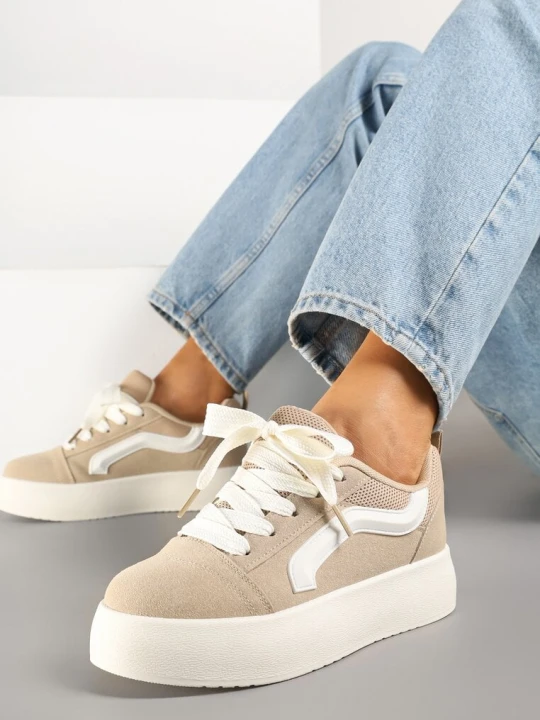 Zdjęcie produktu Ciemnobeżowe Sneakersy na Grubej Podeszwie z Ozdobnym Paskiem Kornelie Beżowy