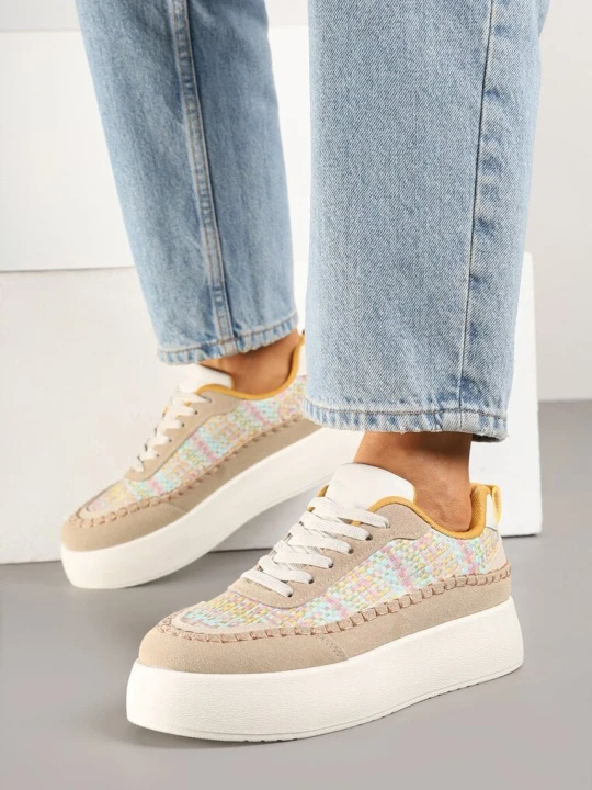 Zdjęcie produktu Ciemnobeżowe Sneakersy na Grubej Podeszwie z Plecioną Cholewką Nilavanea Ideal Beżowy