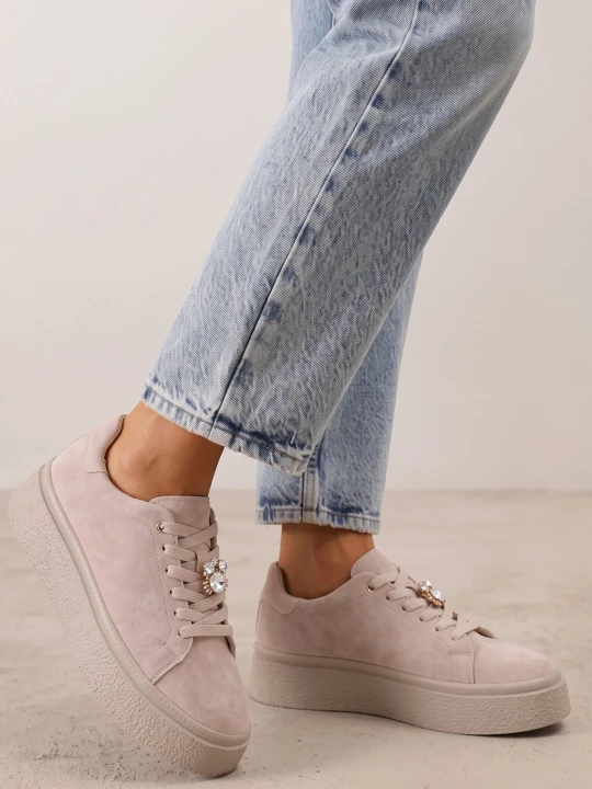 Zdjęcie produktu Ciemnobeżowe Sneakersy na Grubej Podeszwie z Zamszu Naturalnego z Cyrkoniami Nehi Goodin Beżowy