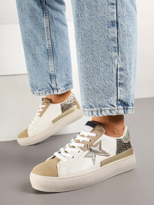 Zdjęcie produktu Ciemnobeżowe Sneakersy na Grubej Podeszwie Zdobione Brokatem Felthara Beżowy