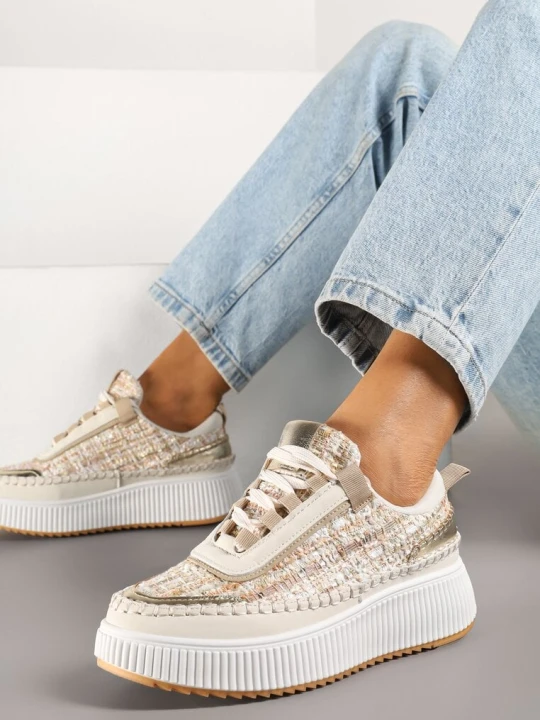 Zdjęcie produktu Ciemnobeżowe Sneakersy na Grubej Podeszwie Zdobione Tweedem i Przeszyciami Ulamoriela Beżowy