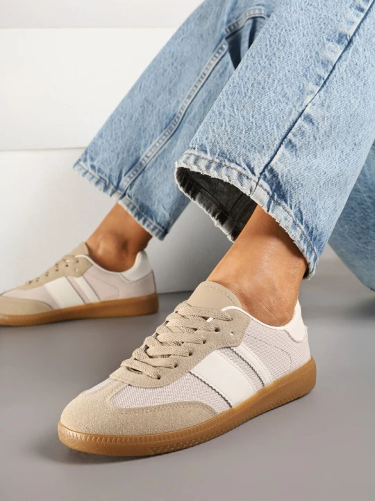 Zdjęcie produktu Ciemnobeżowe Sneakersy na Kauczukowej Podeszwie Ozdobione Paskami Emidi Seastar Beżowy