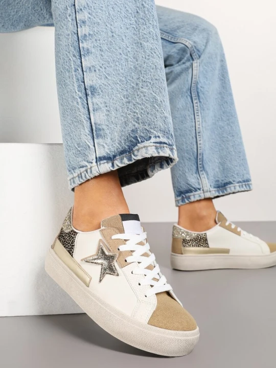 Zdjęcie produktu Ciemnobeżowe Sneakersy na Niskiej Platformie z Brokatowymi Zdobieniami Felaven Beżowy