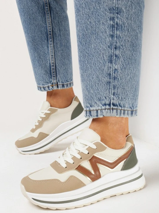 Zdjęcie produktu Ciemnobeżowe Sneakersy na Piankowej Podeszwie ze Sznurowaniem i Ozdobną Wstawką Taelori Beżowy