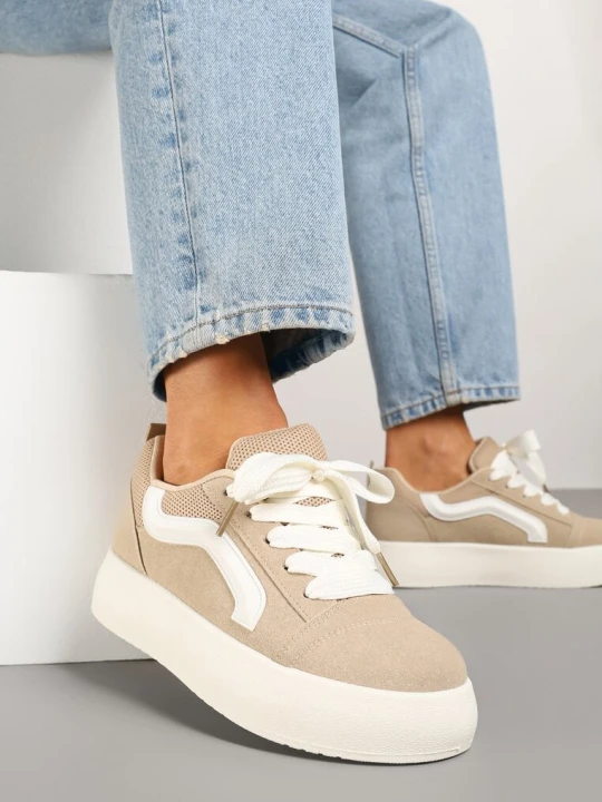 Zdjęcie produktu Ciemnobeżowe Sneakersy na Platformie z Geometrycznym Wzorem Kornelna Beżowy