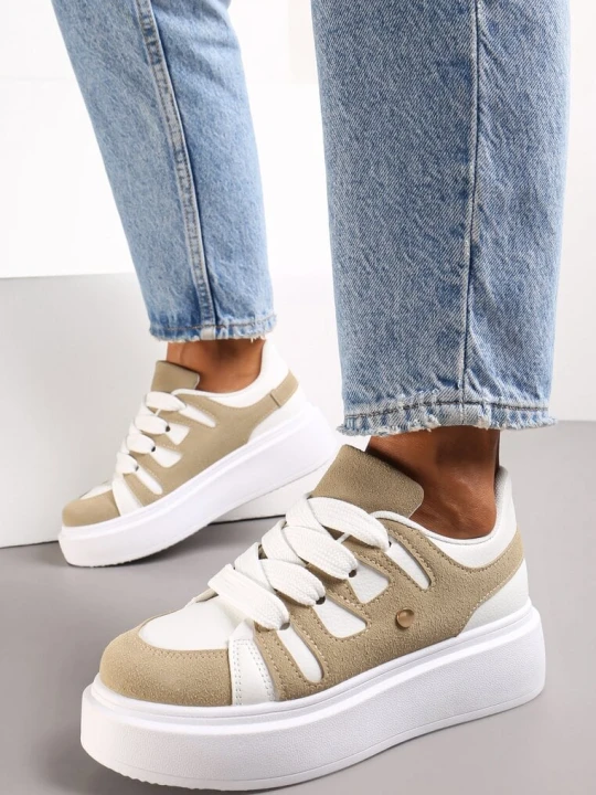 Zdjęcie produktu Ciemnobeżowe Sneakersy na Platformie z Szerokim Sznurowaniem Aklilu Beżowy