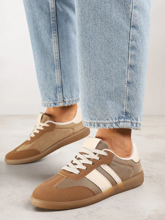 Zdjęcie produktu Ciemnobeżowe Sneakersy Tenisówki z Ozdobnymi Paskami Jenavena Lady Glory Beżowy