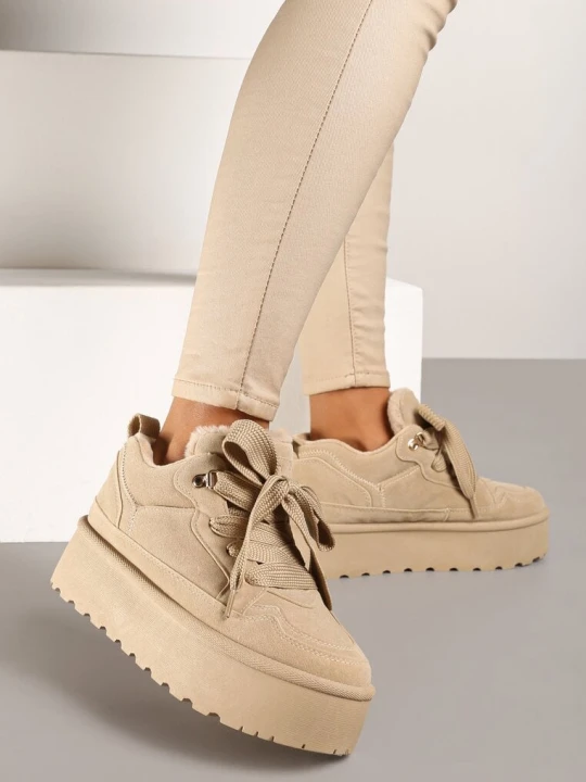 Zdjęcie produktu Ciemnobeżowe Sneakersy Vices na Platformie Obszyte Futerkiem Naleris Beżowy