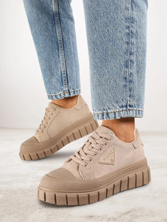 Zdjęcie produktu Ciemnobeżowe Sneakersy Vices na Platformie z Ozdobą i Napisem Leawen Beżowy