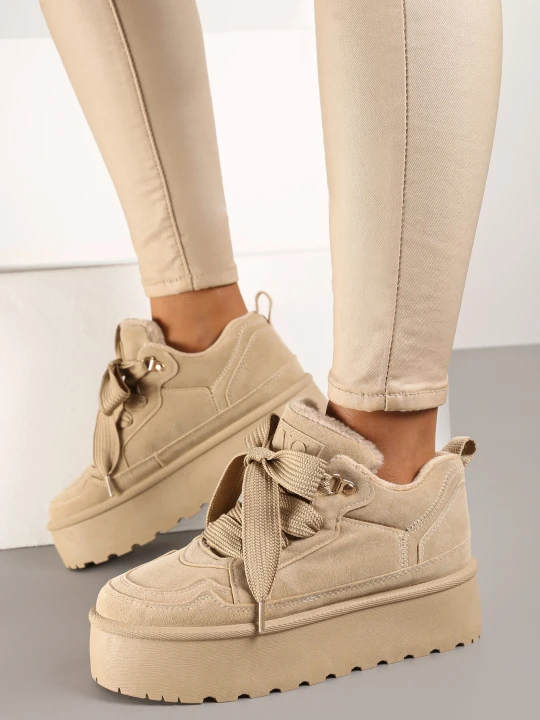 Zdjęcie produktu Ciemnobeżowe Sneakersy Vices na Platformie z Ozdobnym Futerkiem Nalirea Beżowy