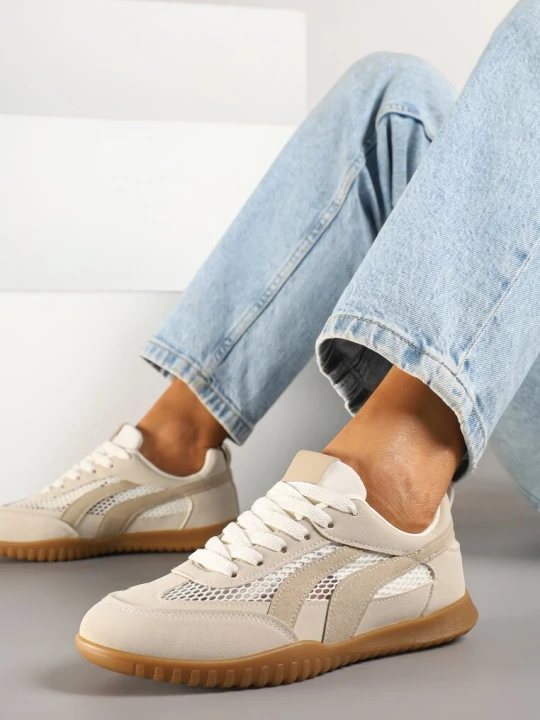 Zdjęcie produktu Ciemnobeżowe Sneakersy w Stylu Tenisówek Ozdobione Paskami Amooshea Ideal Beżowy