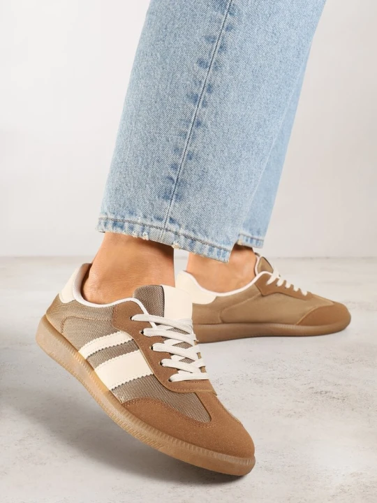Zdjęcie produktu Ciemnobeżowe Sneakersy w Stylu Tenisówek Ozdobione Paskami Jenaniela Lady Glory Beżowy