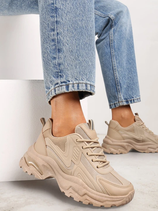 Zdjęcie produktu Ciemnobeżowe Sneakersy z Grubą Podeszwą ze Sznurowaniem i Siateczkowymi Wstawkami Lenivia Vices Beżowy
