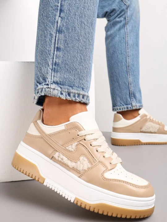 Zdjęcie produktu Ciemnobeżowe Sneakersy z Imitacji Skóry ze Wstawkami z Futerka Vaelisa Beżowy