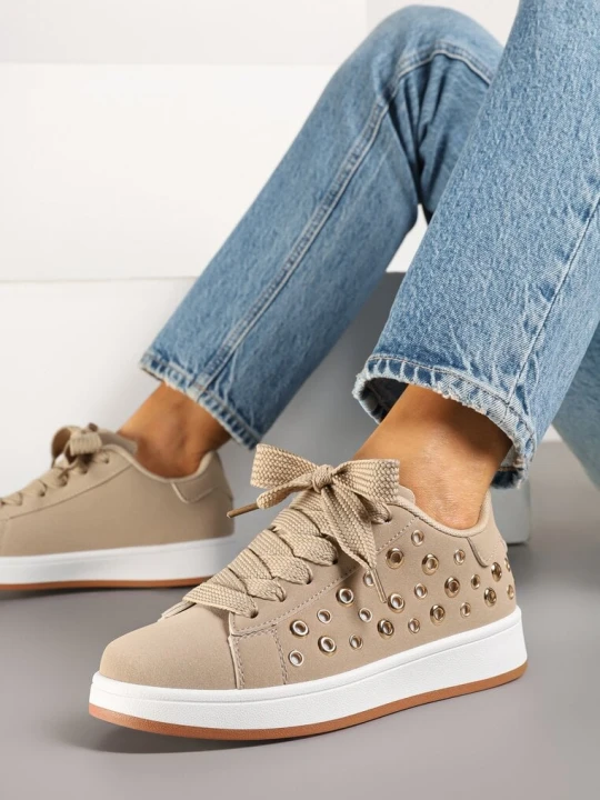 Zdjęcie produktu Ciemnobeżowe Sneakersy z Ozdobnymi Nitami Feloriela Mulanka Beżowy