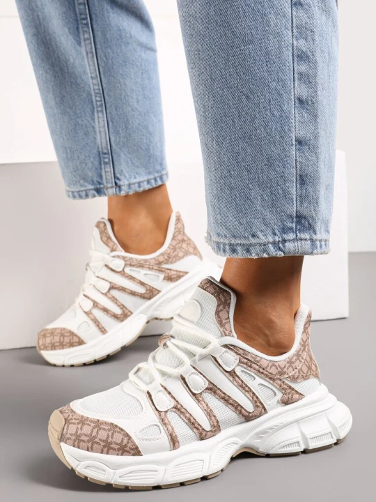 Zdjęcie produktu Ciemnobeżowe Sneakersy z Ozdobnymi Wstawkami i Tłoczoną Podeszwą Adlenavia Beżowy