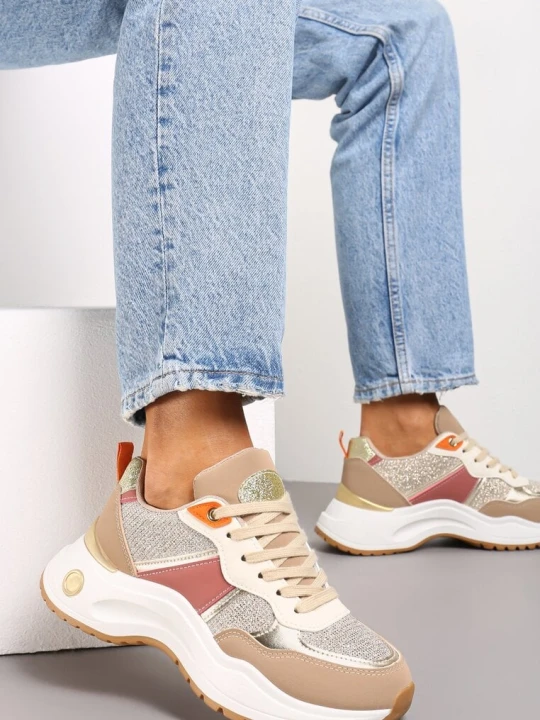 Zdjęcie produktu Ciemnobeżowe Sneakersy z Tłoczonego Materiału z Brokatowymi i Metalicznymi Wstawkami Thermia Beżowy