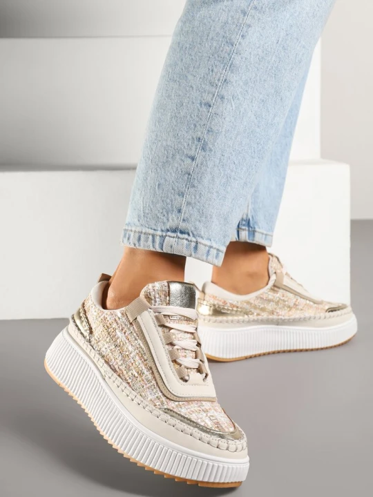 Zdjęcie produktu Ciemnobeżowe Sneakersy z Tweedowymi Zdobieniami i Przeszyciami na Platformie Ulandrelia Beżowy